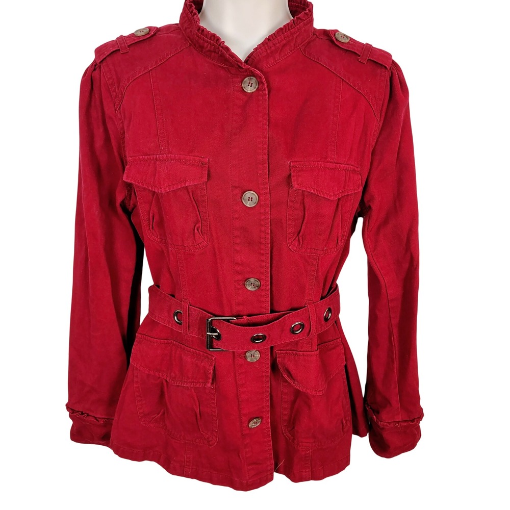 Converse One Star Red Cotton Utility Field Jacket Ruffle Neck Belted Womens L - Picture 1 of 10